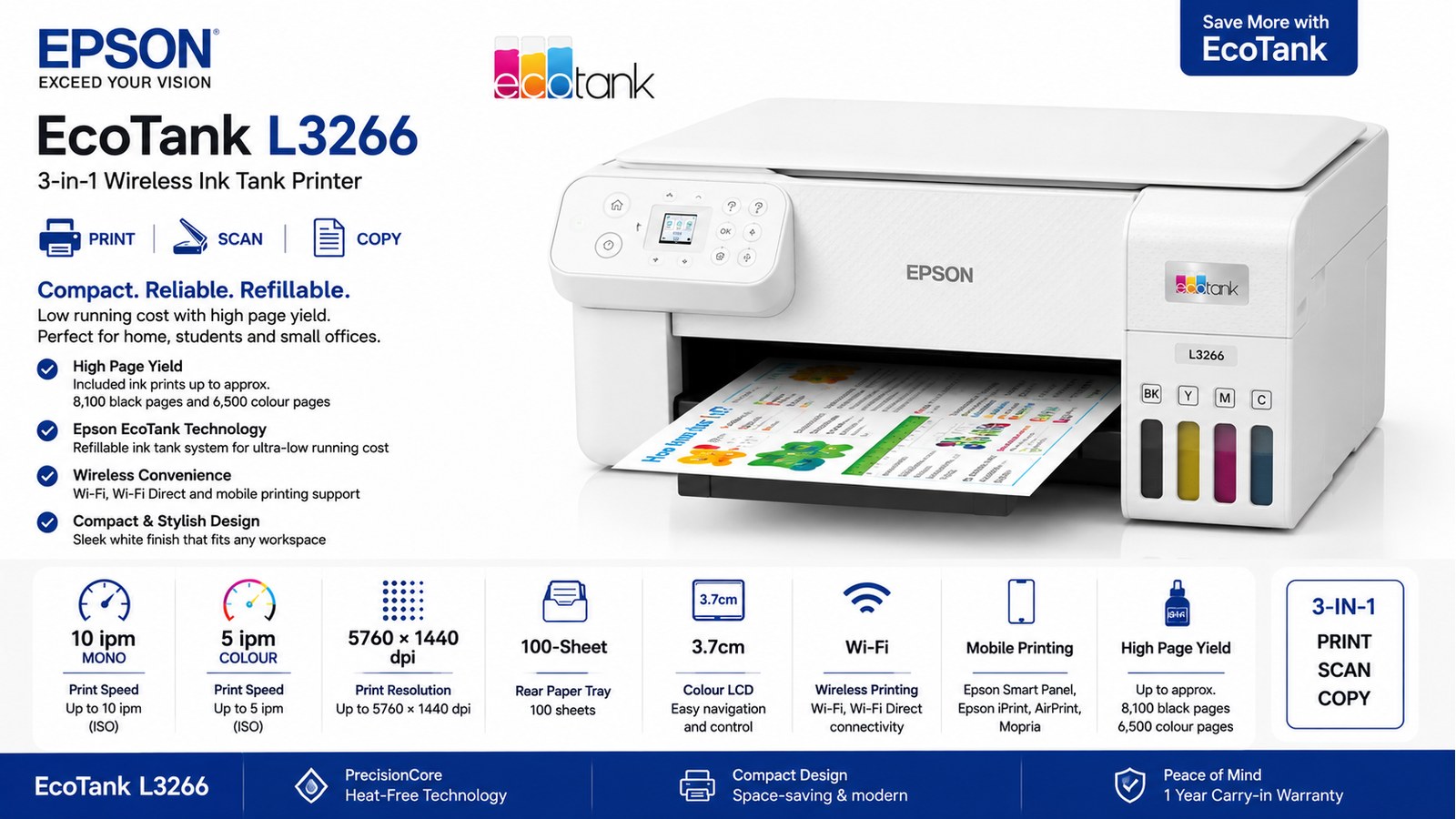 Epson EcoTank L3266 3-in-1 Wireless Ink Tank Printer, Print Scan Copy, 10ipm Mono, 5ipm Colour, Wi-Fi Direct, 3.7cm Colour LCD, White | C11CJ66416